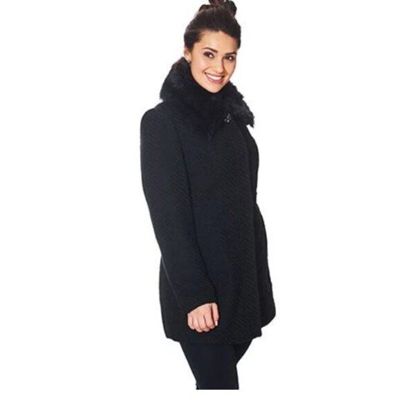 Jessica Simpson Black Faux Fur Collar Textured Womens Coat L - Picture 1 of 16